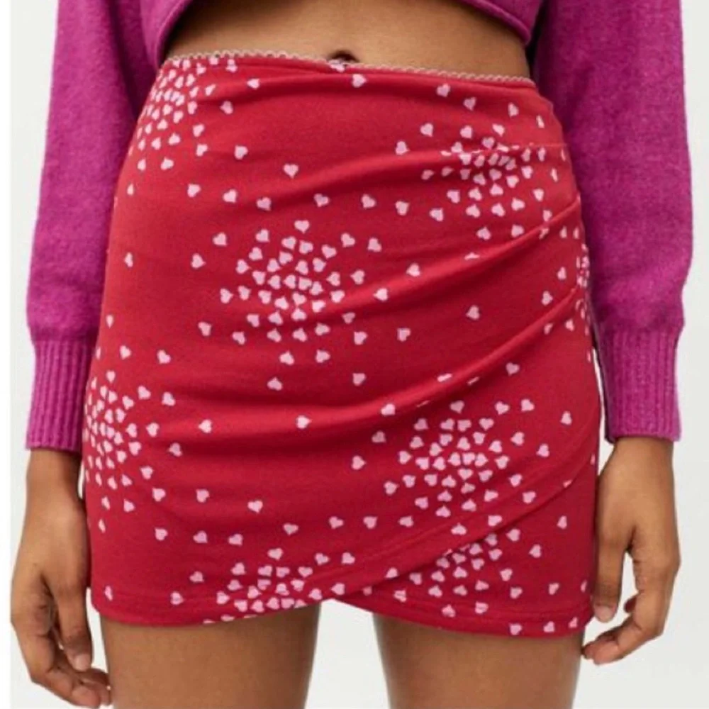 Urban Outfitters Red Heart Print Mini Skirt Ruched Wrap Style Bodycon M